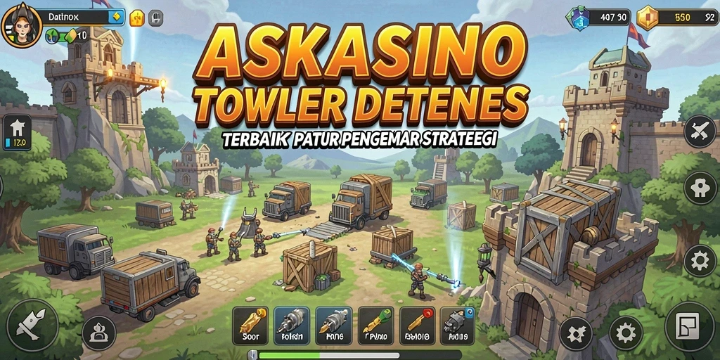 Screenshot gameplay <strong>ASKASINO</strong>, menampilkan pertahanan strategi Tower Defense yang intens.