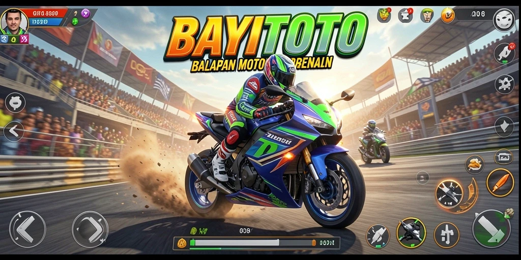Screenshot gameplay BAYITOTO menunjukkan adrenalin balapan motor yang mendebarkan.